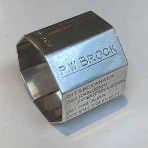 Royal Navy Service Record Silver Napkin Ring for Rear Admiral Patrick Willet Brock CB DSO by Richard Comyns (William Comyns & Sons Ltd.), London, 1944-5