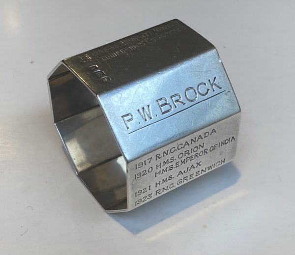 Royal Navy Service Record Silver Napkin Ring for Rear Admiral Patrick Willet Brock CB DSO by Richard Comyns (William Comyns & Sons Ltd.), London, 1944-5