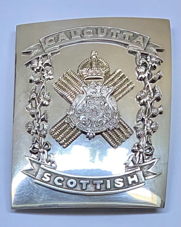 Antique Indian Colonial Silver Crossbelt Plate, The Calcutta Scottish Regiment, circa 1920