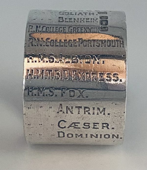 Royal Navy Service Record Silver Napkin Ring for Lieutenant Commander Francis James Ongley Lamb, Royal Navy by Thomas Bradbury & Sons Ltd., Sheffield, 1905-6